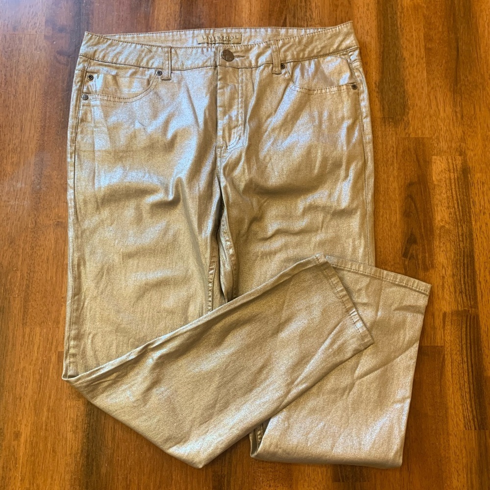 Liverpool straight leg pant size 16 gold metallic pant button and zip closure